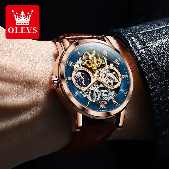 OLEVS Top marque hommes squelette montre mécanique étanche bracelet en cuir
