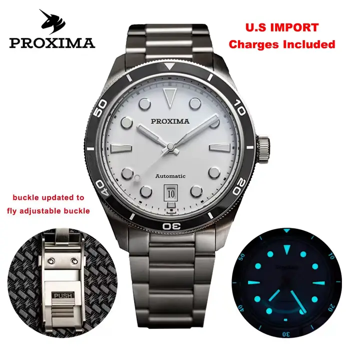 Proxima PX1697 39mm hommes montre émail blanc cadran bulle saphir PT5000 automatique mécanique Vintage montres 20Bar lumineux