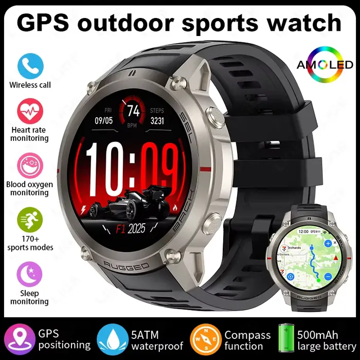 Montre connectée d'extérieur, GPS, cartes hors ligne, boussole, écran AMOLED HD, étanche 5ATM, brace