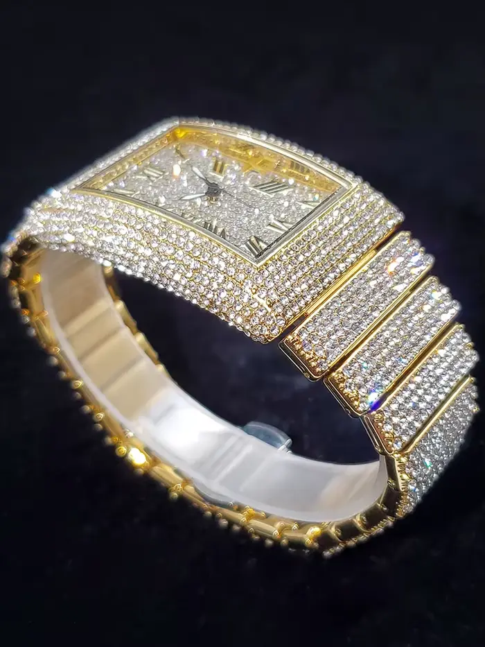 Montres pour hommes en or cadran rectangulaire de luxe diamant mode grandes