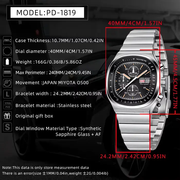 Montre chronographe carrée PAGANI DESIGN pour homme, mouvement japonais Miyota OS000, saphir, étanche, acier inoxydable, montre sport.