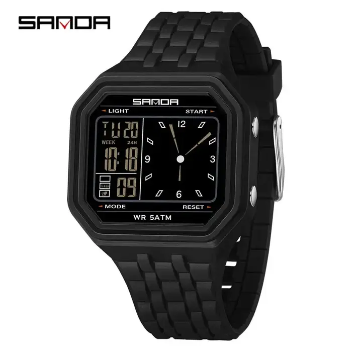 Montre sport SANDA pour homme, analogique et digitale, étanche 5 bars, LED lumineuse, multifonctionn