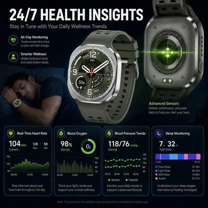 2026 Nouvelle montre connectée Ultra 2 pour hommes, charge sans fil, étanche IP68, boussole, appels Bluetooth, moniteur de santé, montre connectée 47 mm