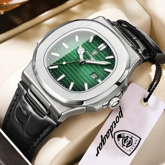 POEDAGAR Top carré homme montre Date étanche lumineux luxe hommes montre-bracelet de haute qualité en cuir