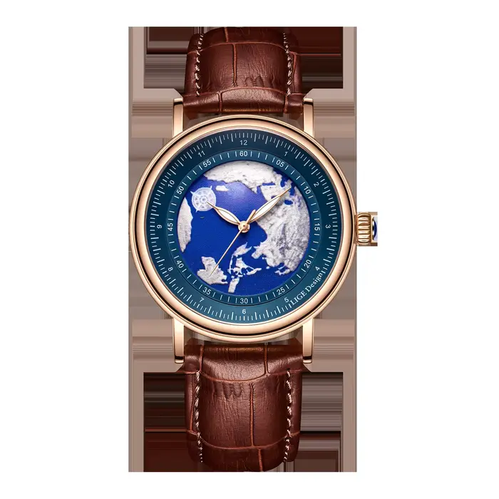 Montre-bracelet créative LIGE pour homme, planète bleue Terre, montre à quartz en cuir pour hommes, 