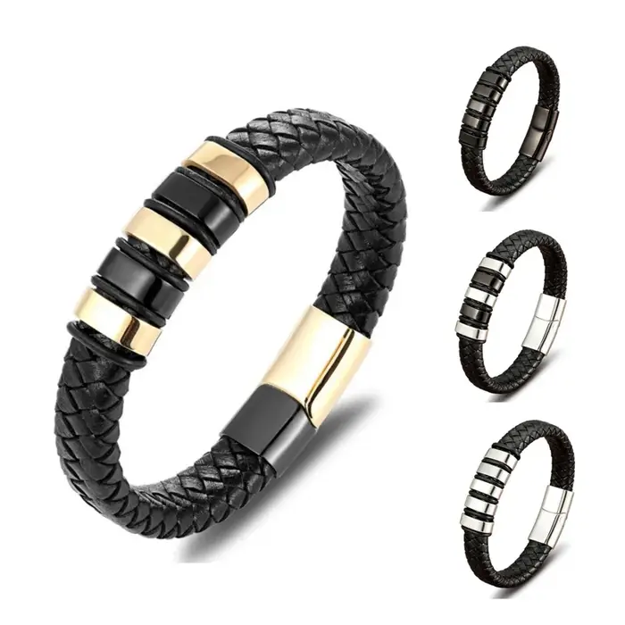 Bracelet pour homme en cuir noir tressé de luxe