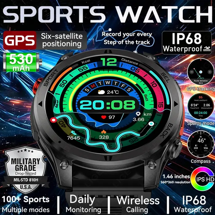 Montre connectée GPS pour l'extérieur, navigation par trajectoire, écran HD 1,46 pouces, plus de 100 modes sportifs, étanche IP68, 530 mAh, boussole pour Android iOS