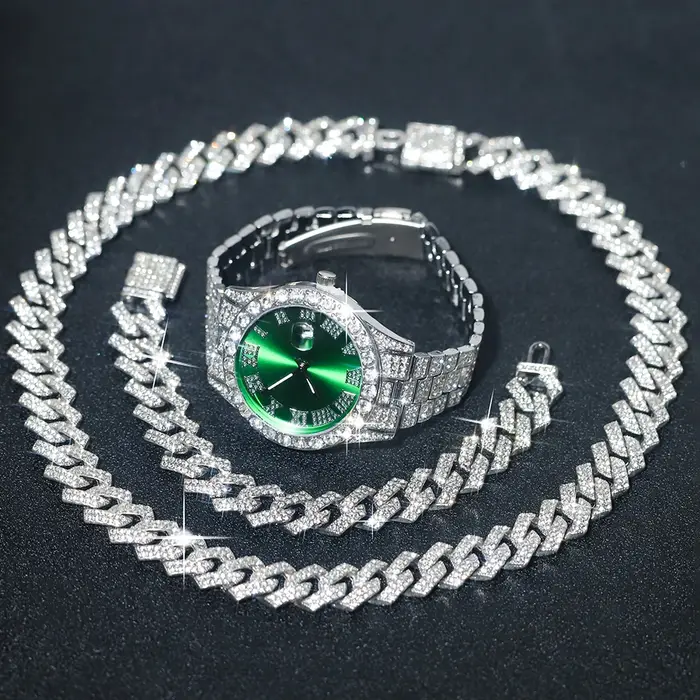 Ensemble de montres en argent pour hommes, 3 pièces, Hip-hop Punk incrusté de diamants + chaîne cuba
