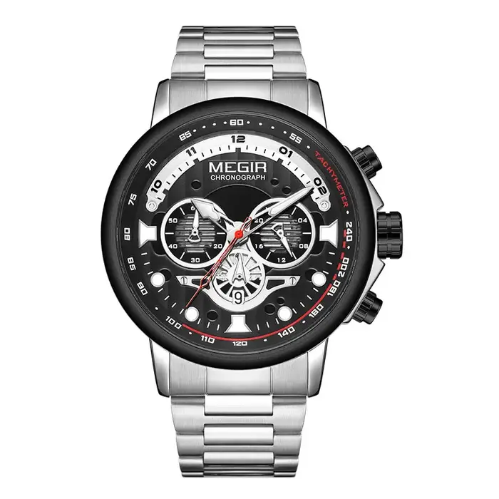 MEGIR-Montre à Quartz en Acier Inoxydable pour Homme, Chronographe Shoous, Montre-Bracelet avec Date