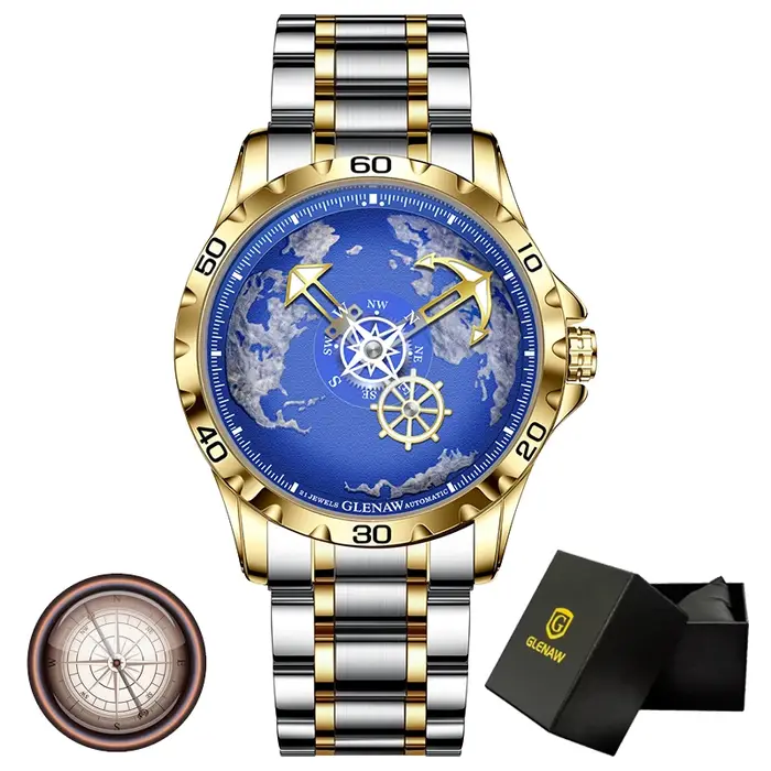 GLENAW Design nouveaux hommes montres série nautique voyageur en acier inoxydable brillant étanche montre mécanique