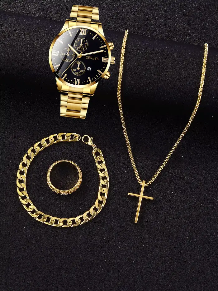 Ensemble de 4 montres à quartz pour hommes en alliage d'or avec calendrier romain et collier croix