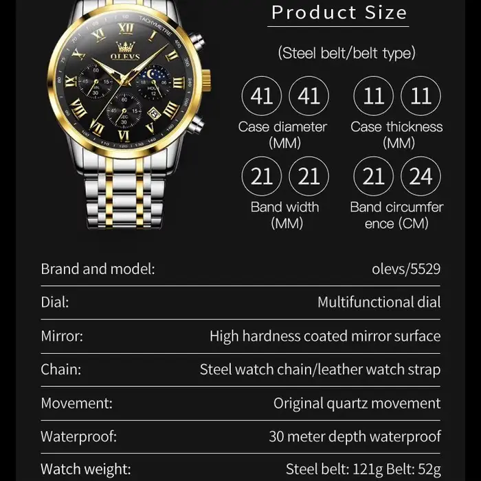 OLEVS 5529 Top marque de luxe montre pour hommes étanche lumineux en acier inoxydable Phase lunaire Code de