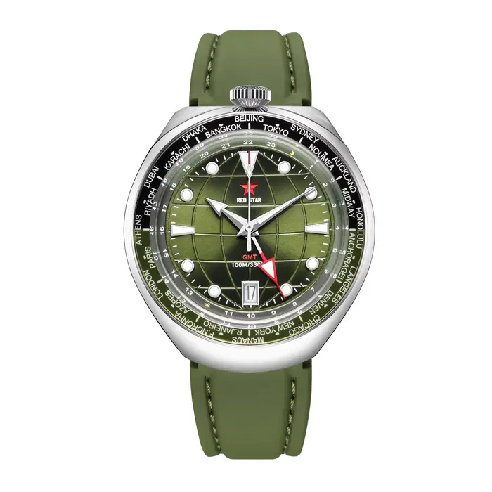 Montre BullHead en verre minéral RED STAR, 42mm, automatique, mécanique, GMT, double heure, mouv