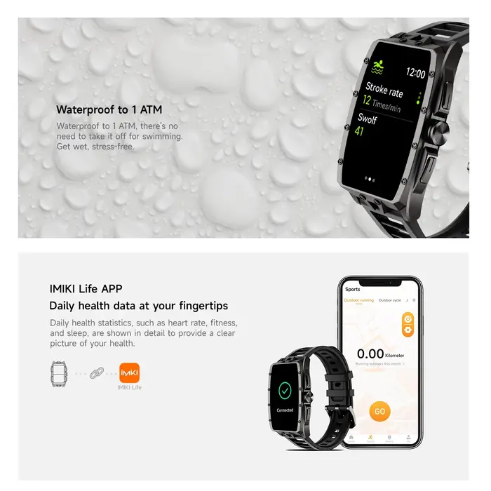 IMIKI montre intelligente 1.64 ''HD AMOLED affichage Bluetooth appels téléphoniques 1 ATM étanche 10