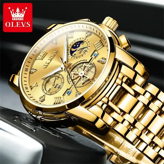 OLEVS 2856 homme 24 heures Phase de lune chronographe affichage latéral étanche lumineux multifonction Original montre-bracelet à Quartz pour hommes