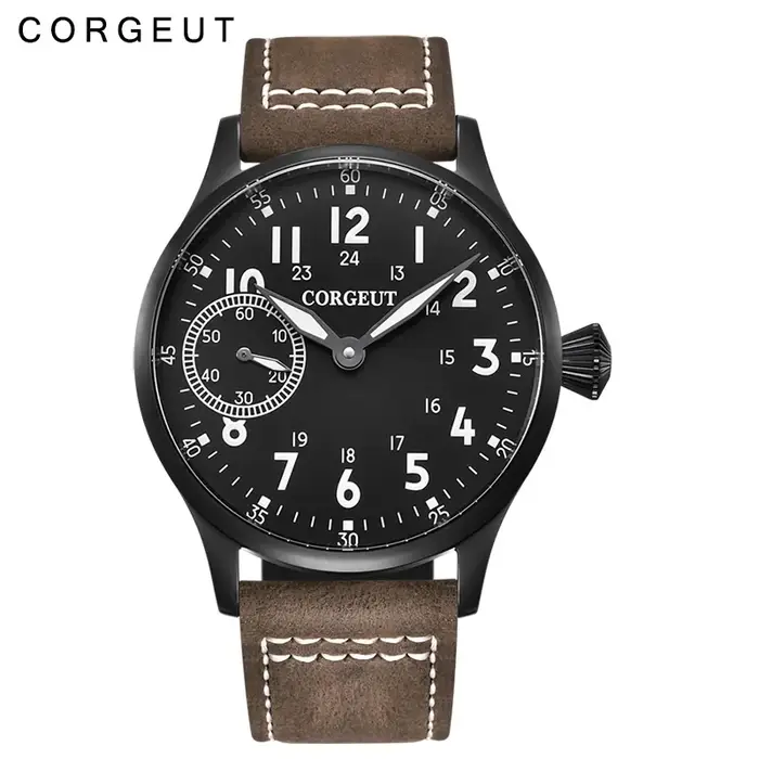 Corgeut 44mm cuir lumineux mécanique remontage manuel montre pour hommes 17 bijoux ST3600 mouette 6497 mouvement Sport montres