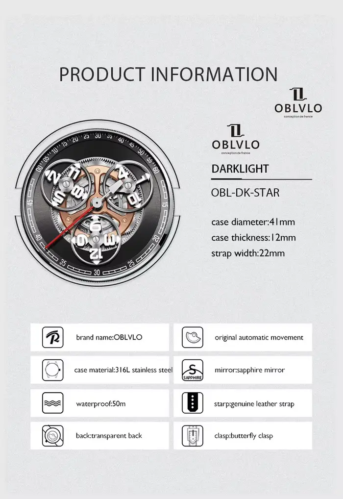 OBLVLO hommes montre automatique 42MM mode mécanique montre-bracelet lumineux rotatif petite étoile roue cadran