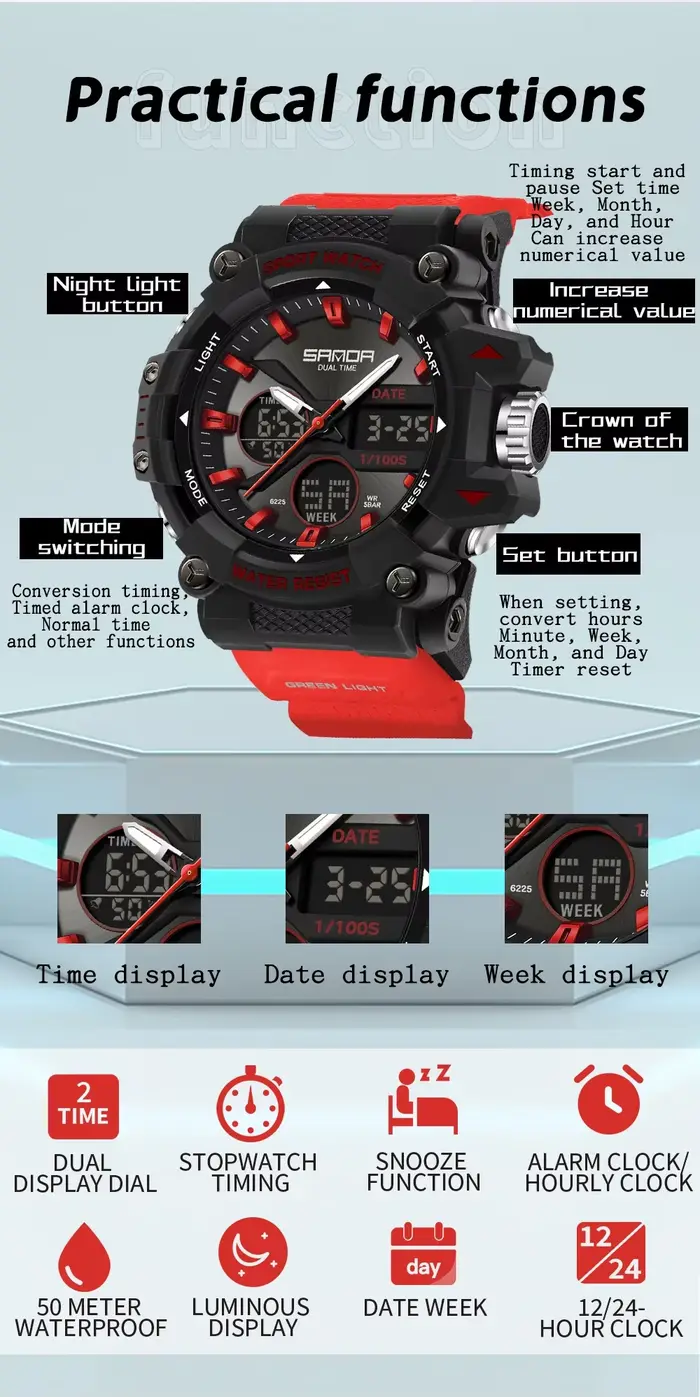 SANDA montre de sport pour hommes femmes Quartz numérique double affichage montres résistant aux chocs à l'eau Camping montre-bracelet 5M 6225