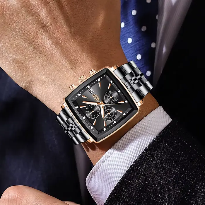 LIGE mode montres de luxe pour hommes cadran carré en acier inoxydable étanche lumineux Auto Date chronographe Quartz homme montre + boîte