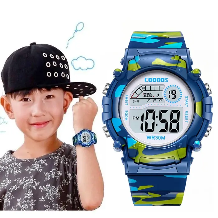 COOBOS enfants montre bleu marine Camouflage enfants montre Sport LED montre numérique étanche montres lumineuses pour étudiant garçons filles