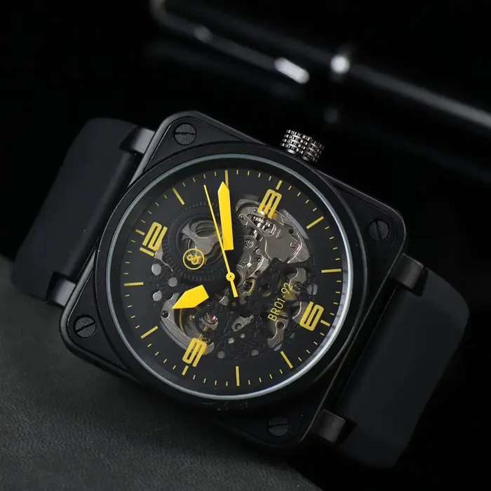 Montre mécanique automatique pour homme, bracelet en cuir marron, caoutchouc noir, 46 mm, cadran cre