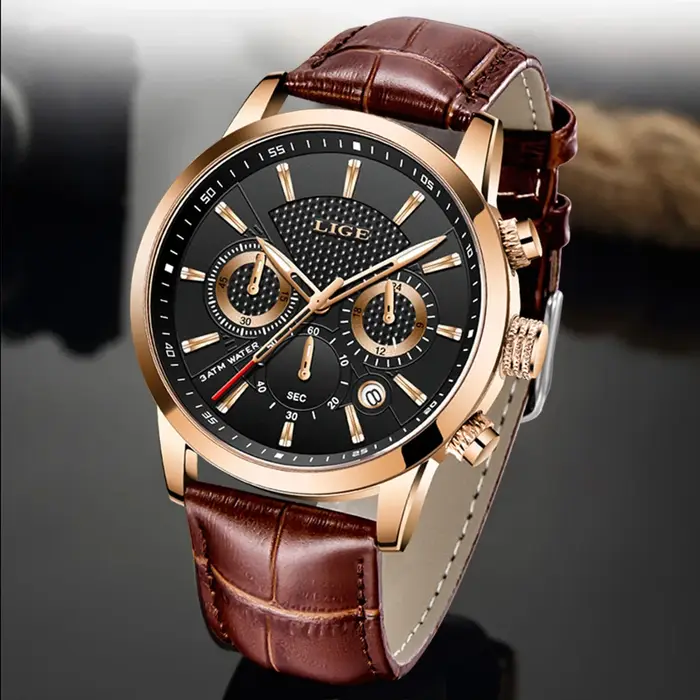 LIGE montre de luxe hommes en cuir Sport montres
