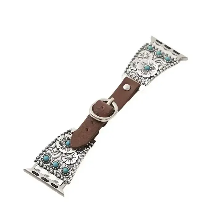 Bracelet en cuir et métal turquoise de qualité supérieure pour Apple Watch