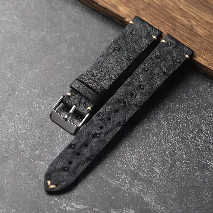 Bracelet en cuir d'autruche sud-africain pour homme, cuir véritable noir, ultra fin et doux, adapté