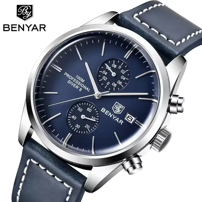 BENYAR 5187 classique Simple montre à Quartz pour hommes marque de luxe 100M étanche calendrier militaire sport chronographe bracelet en cuir