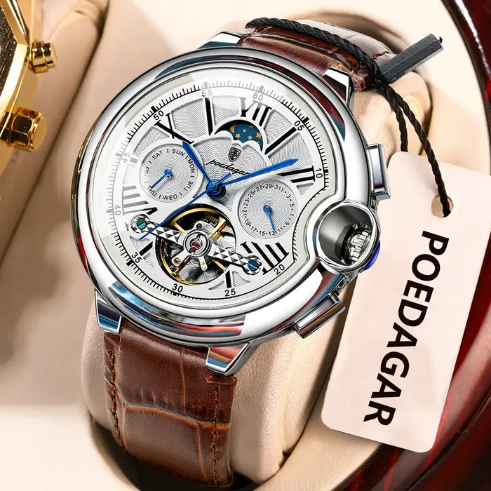 POEDAGAR luxe affaires homme montre Date semaine acier inoxydable Tourbillon hommes horloge étanche automatique mécaniqu