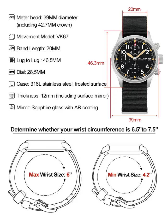 Militado Ml1868KF montre VK67 chronographe montres à Quartz lumineux AR saphir cristal 100M étanche 39Mm montre-bracelet militaire