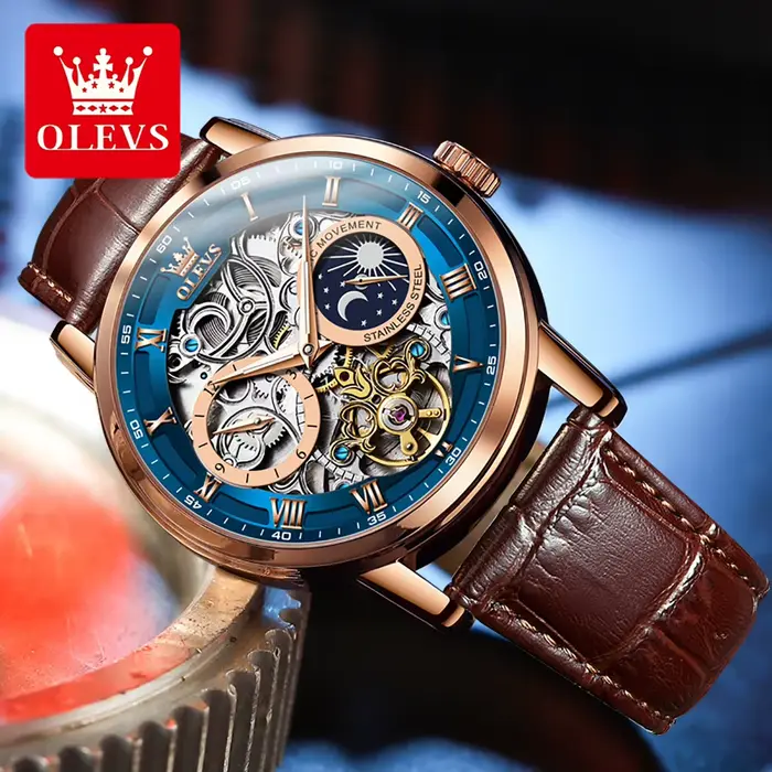OLEVS Top marque hommes squelette montre mécanique étanche bracelet en cuir