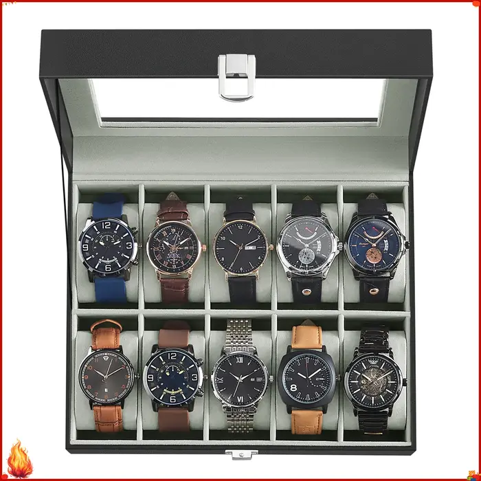 Boîte de présentation de montres à 10 compartiments avec couvercle en verre transparent