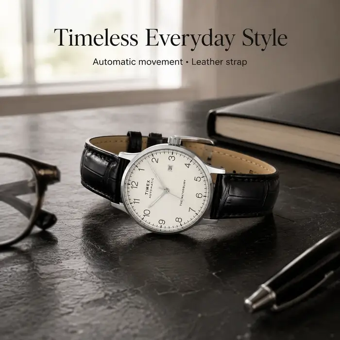 Montre automatique vintage Timex pour homme, cadran blanc épuré, bracelet en cuir noir gaufré, fond de boîtier transparent, montre-bracelet automatique