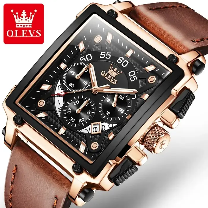 OLEVS 9919 hommes montre mode cadran carré bracelet en cuir chronographe étanche sport horloge de lu