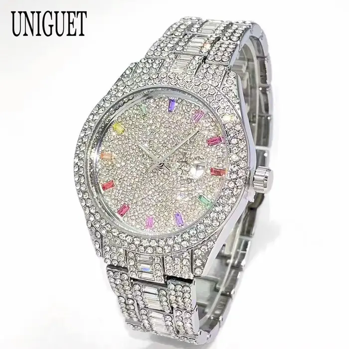 UNIGUET mode montre de glace pour hommes de luxe argent Quartz horloge Hip Hop couleur diamant bijoux montre-bracelet homme Reloj Hombre