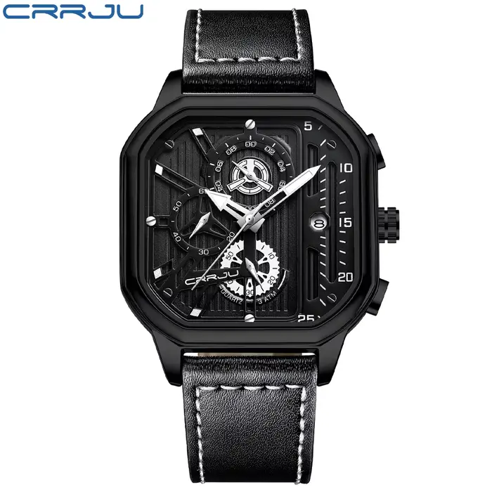 CRRJU mode cadran carré en cuir hommes montres de luxe Sport montre étanche Homme chronographe Quart
