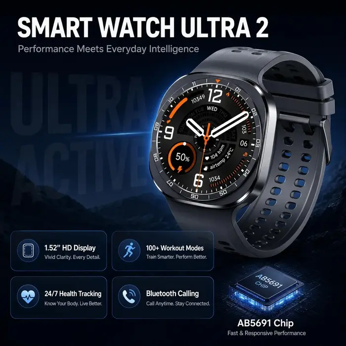 2026 Nouvelle montre connectée Ultra 2 pour hommes, charge sans fil, étanche IP68, boussole, appels Bluetooth, moniteur de santé, montre connectée 47 mm