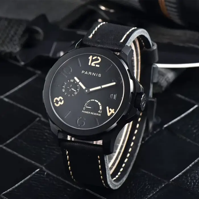Parnis 44mm boîtier en argent automatique mécanique hommes montre indicateur de réserve de marche marqueur lumineux