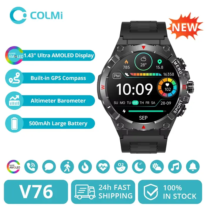2025 COLMI V76 GPS Smartwatch 1.43 "Ultra AMOLED affichage boussole intégrée altimètre Bluetooth appel montre intelligente 500mAh batterie