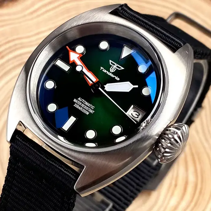 Montre mécanique de plongée militaire pour hommes, 36mm, NH35 AR, saphir bombé, Sunburst, vert/rouge