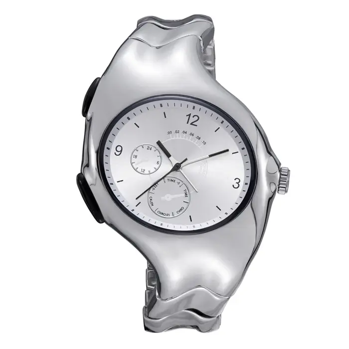 Montre OULM NEW Alien Retro Twisted Case Y2k Quartz pour homme, cadran argenté ovale, design unique et spécial, acier.