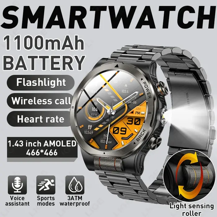 Montre connectée militaire LIGE pour homme, batterie 1100 mAh, boussole, lampe de poche, étanche 3 ATM, écran AMOLED 466*466, appels Bluetooth, montres d'extérieur