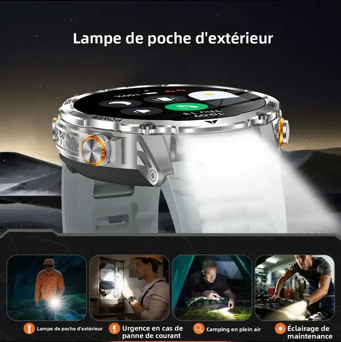 Montre connectée militaire GPS pour hommes, batterie de grande capacité 1100mAh, lampe de poche + boussole SOS, appel Bluetooth, montres de sport étanches 10ATM