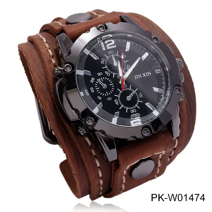 Montre punk vintage en cuir de vachette pour hommes et femmes, bracelet de ceinture pointeur, bracel