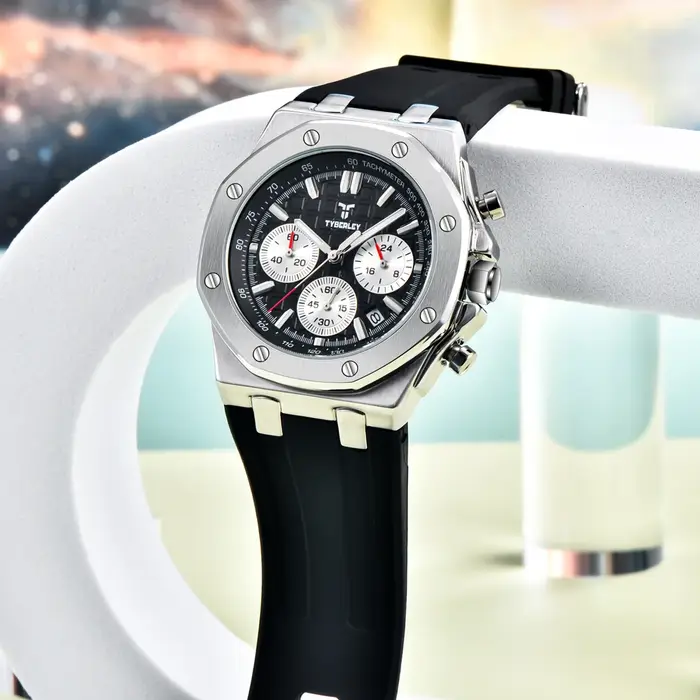 Nouvelle Montre Homme de Luxe TYBERLEY 2026 à Quartz, Chronographe Sportif Lumineux, Étanche, Tendance, Bracelet Silicone à Grille + BOÎTE