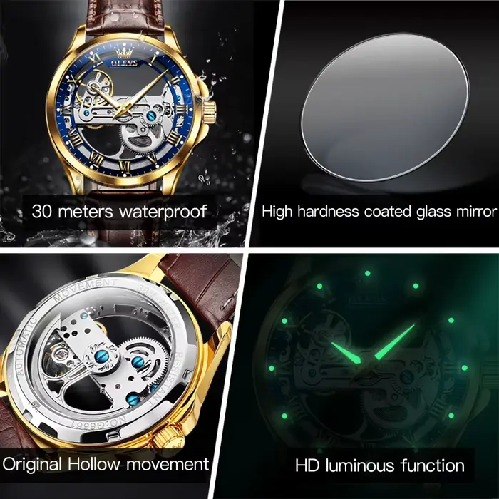 OLEVS 6661 entièrement Transparent squelette volant automatique mécanique montre pour hommes bracelet en cuir marque de luxe Original homme montre-bracelet