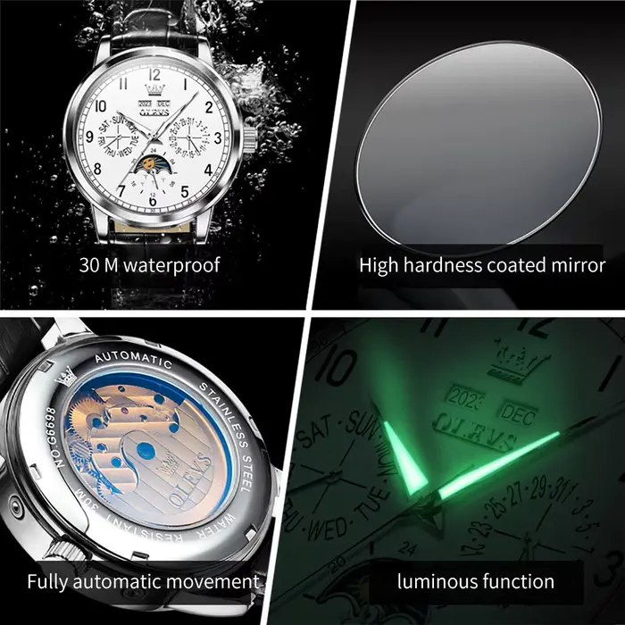 OLEVS 6698 nouvelle montre mécanique de Phase de lune pour hommes numéro 42mm grand cadran en cuir horloge à main étanche automatique homme montres 2025