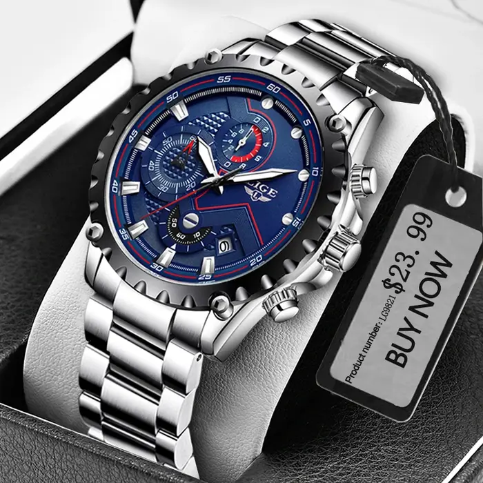LIGE mode hommes montres haut de gamme marque argent acier inoxydable 30 m étanche montre à Quartz