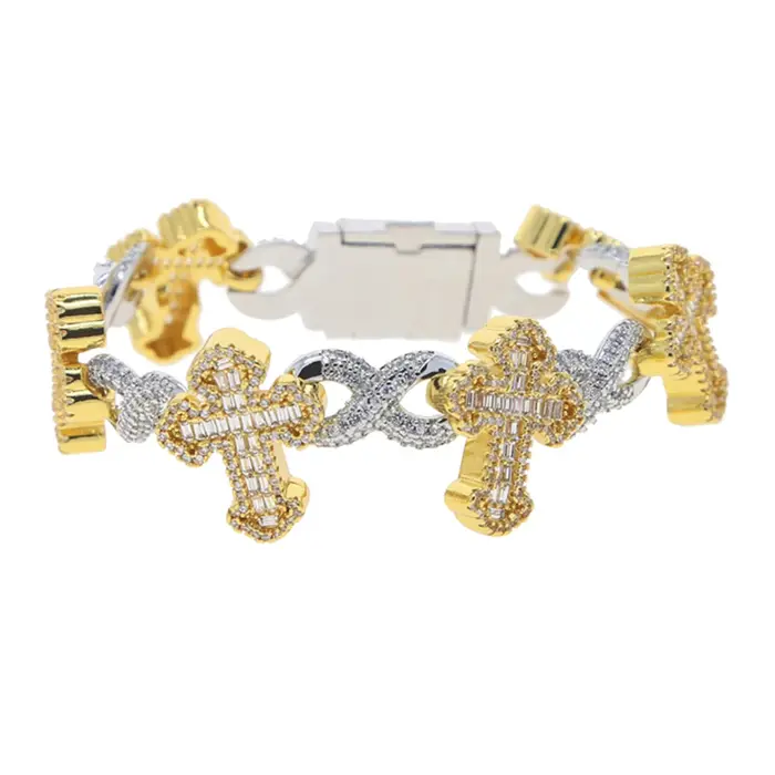 Bracelet à maillons infini pour hommes et femmes, chaîne cubaine en zircone cubique, bicolore, bijou